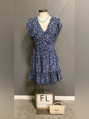 Max Studio Navy Blue Floral V-Neck Tiered Mini Dress